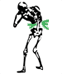 A skeleton with green paint on his back.